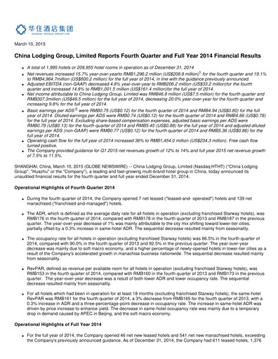 Miniature H World Group Limited Rapport trimestriel 2014-q4