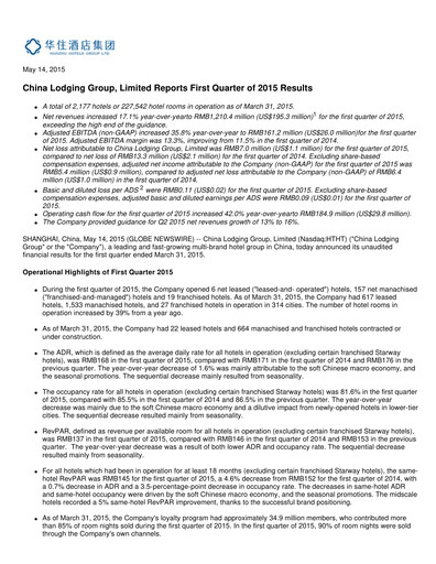 Miniature H World Group Limited Rapport trimestriel 2015-q1