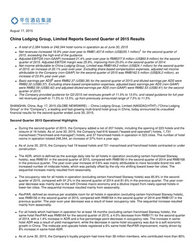 Miniature H World Group Limited Rapport trimestriel 2015-q2