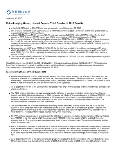 Miniature H World Group Limited Rapport trimestriel 2015-q3