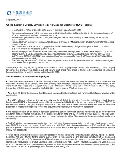 Miniature H World Group Limited Rapport trimestriel 2016-q2