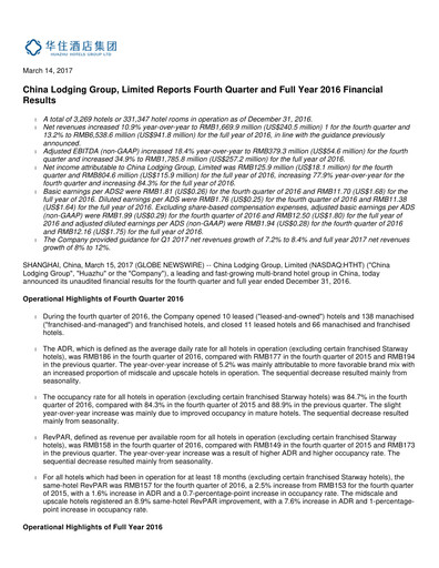 Miniature H World Group Limited Rapport trimestriel 2016-q4