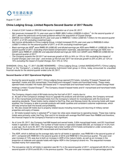 Miniature H World Group Limited Rapport trimestriel 2017-q2