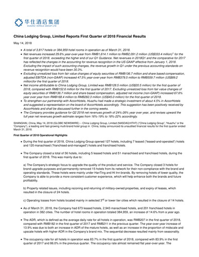 Miniature H World Group Limited Rapport trimestriel 2018-q1