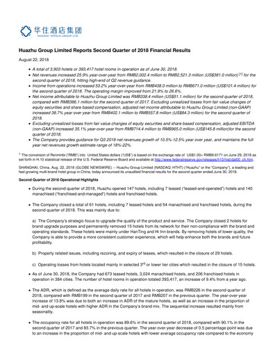 Miniature H World Group Limited Rapport trimestriel 2018-q2