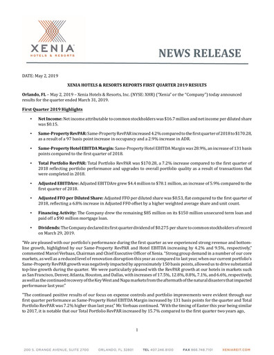 Thumbnail Xenia Hotels & Resorts

 Quarterly Report 2019-q1