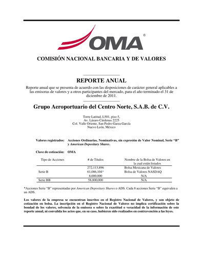 Miniature Grupo Aeroportuario Centro Norte
 Rapport annuel 2011
