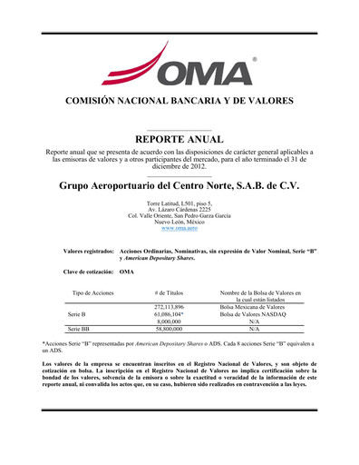 Miniature Grupo Aeroportuario Centro Norte
 Rapport annuel 2012