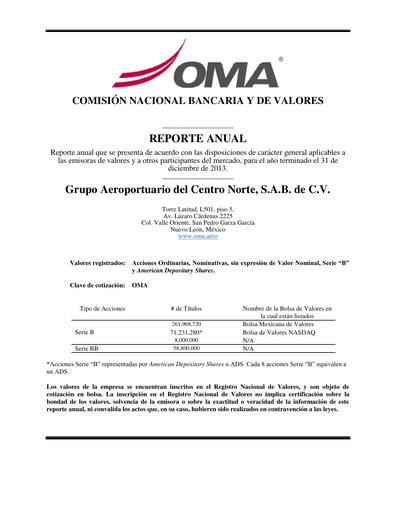 Miniature Grupo Aeroportuario Centro Norte
 Rapport annuel 2013