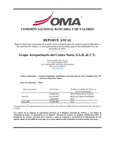 Miniature Grupo Aeroportuario Centro Norte
 Rapport annuel 2014