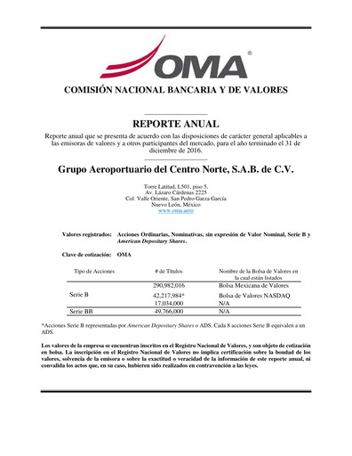 Miniature Grupo Aeroportuario Centro Norte
 Rapport annuel 2016