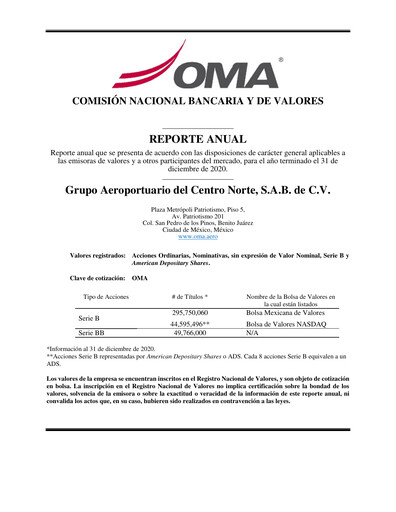 Miniature Grupo Aeroportuario Centro Norte
 Rapport annuel 2020