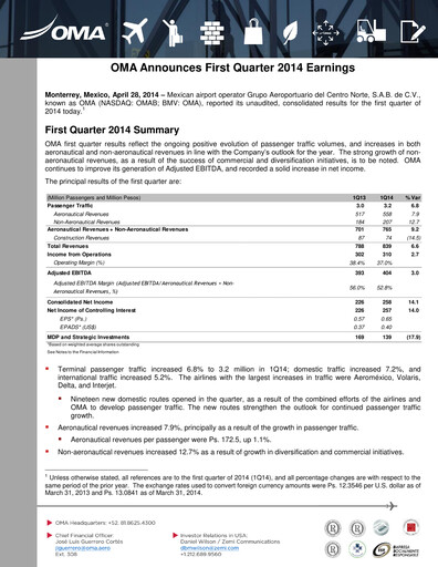 Thumbnail Grupo Aeroportuario Centro Norte
 Quarterly Report 2014-q1
