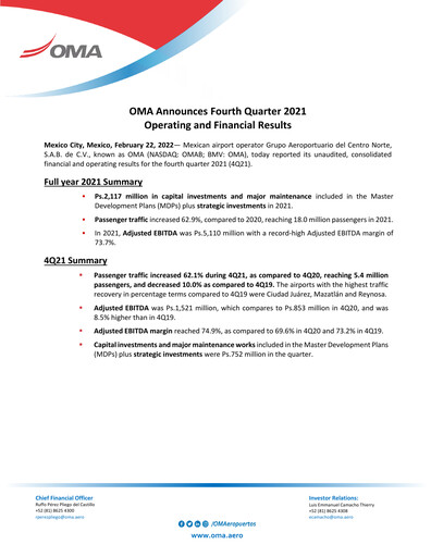 Thumbnail Grupo Aeroportuario Centro Norte
 Quarterly Report 2021-q4