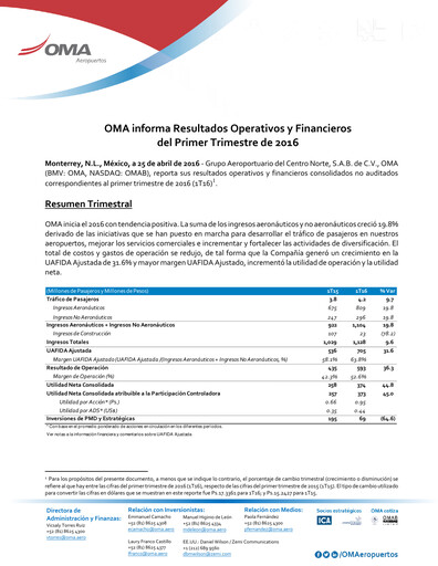 Miniature Grupo Aeroportuario Centro Norte
 Rapport trimestriel 2016-q1