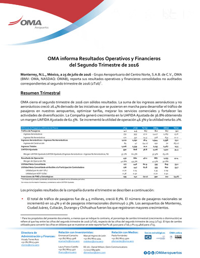 Miniature Grupo Aeroportuario Centro Norte
 Rapport trimestriel 2016-q2