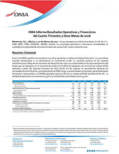 Miniature Grupo Aeroportuario Centro Norte
 Rapport trimestriel 2016-q4