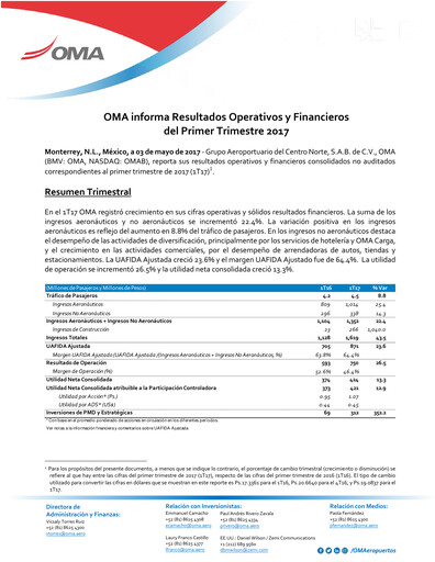 Thumbnail Grupo Aeroportuario Centro Norte
 Quarterly Report 2017-q1
