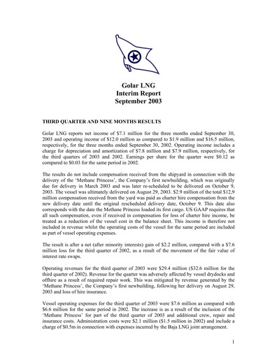 Thumbnail Golar LNG
 Quarterly Report 2003-q3