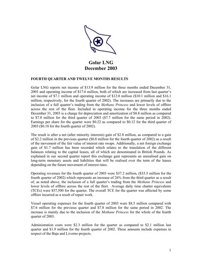 Thumbnail Golar LNG
 Quarterly Report 2003-q4