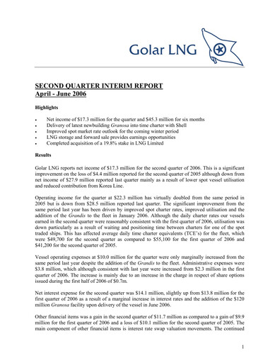 Thumbnail Golar LNG
 Quarterly Report 2006-q2