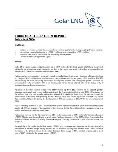 Thumbnail Golar LNG
 Quarterly Report 2006-q3