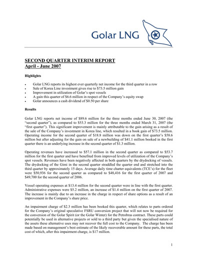 Thumbnail Golar LNG
 Quarterly Report 2007-q2