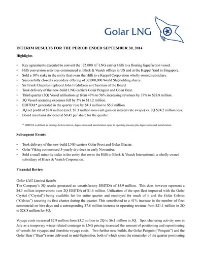 Thumbnail Golar LNG
 Quarterly Report 2014-q3