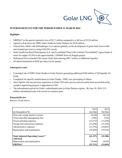 Thumbnail Golar LNG
 Quarterly Report 2016-q1