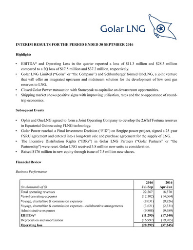 Thumbnail Golar LNG
 Quarterly Report 2016-q3