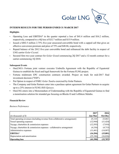 Thumbnail Golar LNG
 Quarterly Report 2017-q1