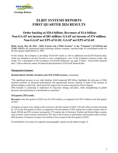 Thumbnail Elbit Systems
 Quarterly Report 2024-q1