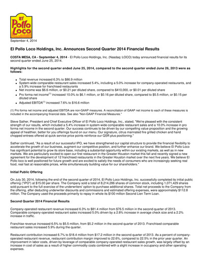Miniature El Pollo Loco
 Rapport trimestriel 2014-q2