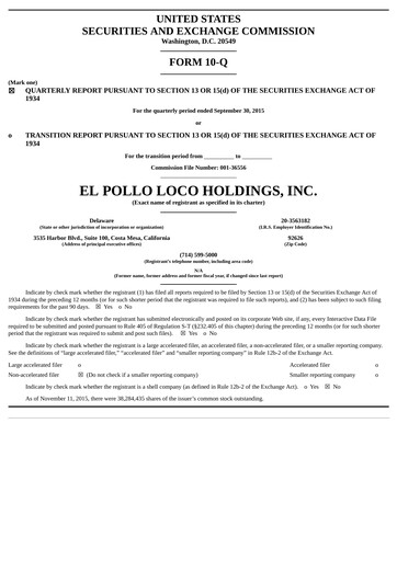 Thumbnail El Pollo Loco
 Quarterly Report 2015-q3