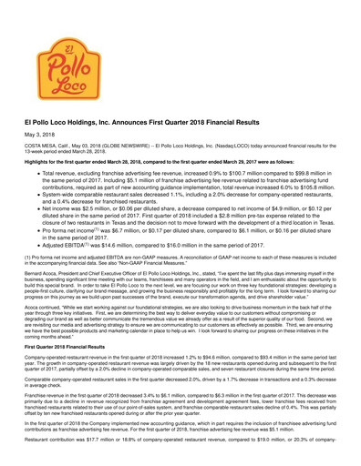 Miniature El Pollo Loco
 Rapport trimestriel 2018-q1