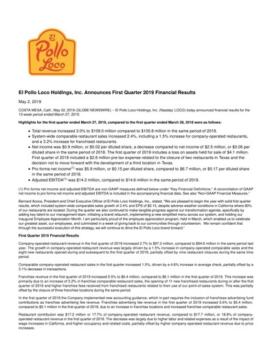 Miniature El Pollo Loco
 Rapport trimestriel 2019-q1