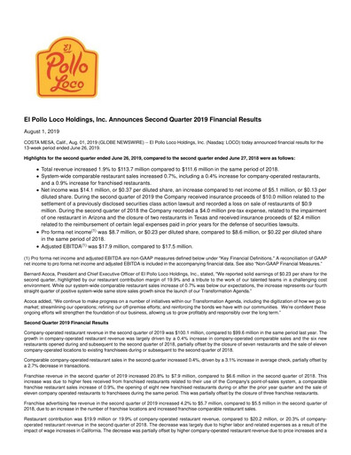 Miniature El Pollo Loco
 Rapport trimestriel 2019-q2