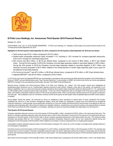Miniature El Pollo Loco
 Rapport trimestriel 2019-q3