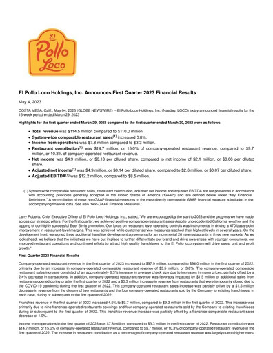 Miniature El Pollo Loco
 Rapport trimestriel 2023-q1