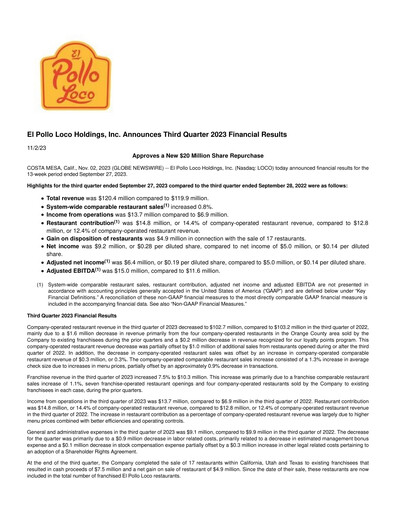 Miniature El Pollo Loco
 Rapport trimestriel 2023-q3