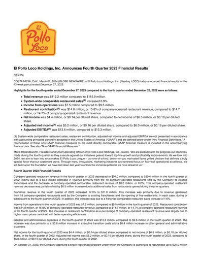 Miniature El Pollo Loco
 Rapport trimestriel 2023-q4