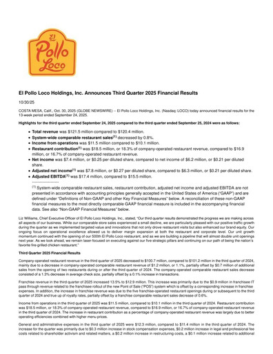 Miniature El Pollo Loco
 Rapport trimestriel 2025-q3