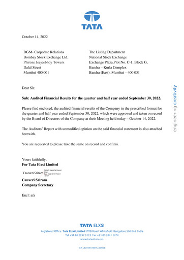 Thumbnail Tata Elxsi Quarterly Report 2022-q2