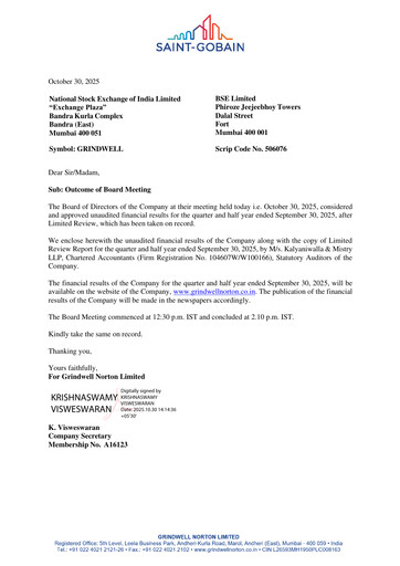 Thumbnail Grindwell Norton Quarterly Report 2025-q2