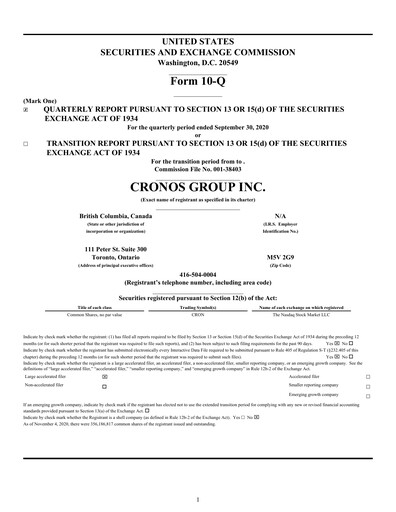 Thumbnail Cronos Group
 Quarterly Report 2020-q3