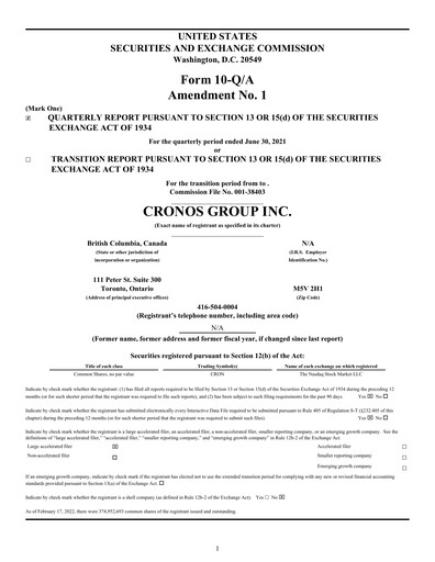 Thumbnail Cronos Group
 Quarterly Report 2021-q2