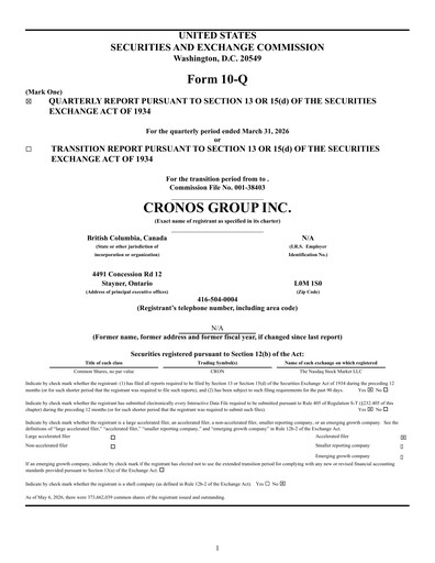 Thumbnail Cronos Group
 Quarterly Report 2026-q1