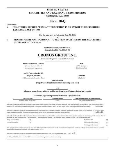 Miniature Cronos Group
 Rapport trimestriel 2026-q2