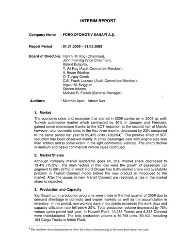 Miniature Ford Otosan
 Rapport trimestriel 2009-q1