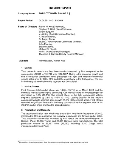 Miniature Ford Otosan
 Rapport trimestriel 2011-q1
